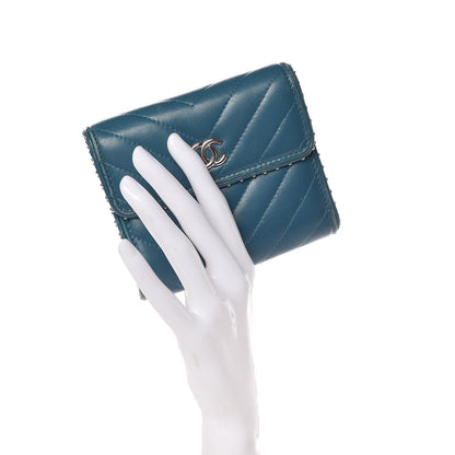 Chanel Lambskin Chevron Quilted Studded Compact Flap Wallet Blue 2 of 14