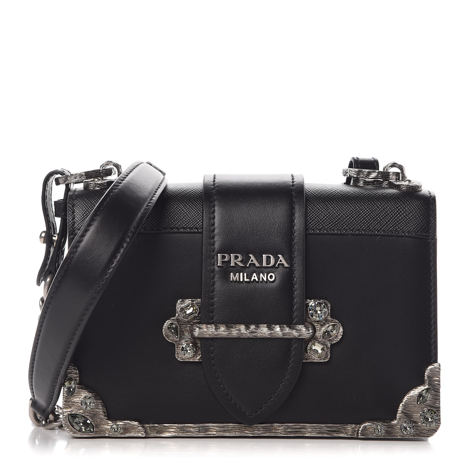 Prada Crystal City Calf Saffiano Cahier Shoulder Bag Black 1 of 8