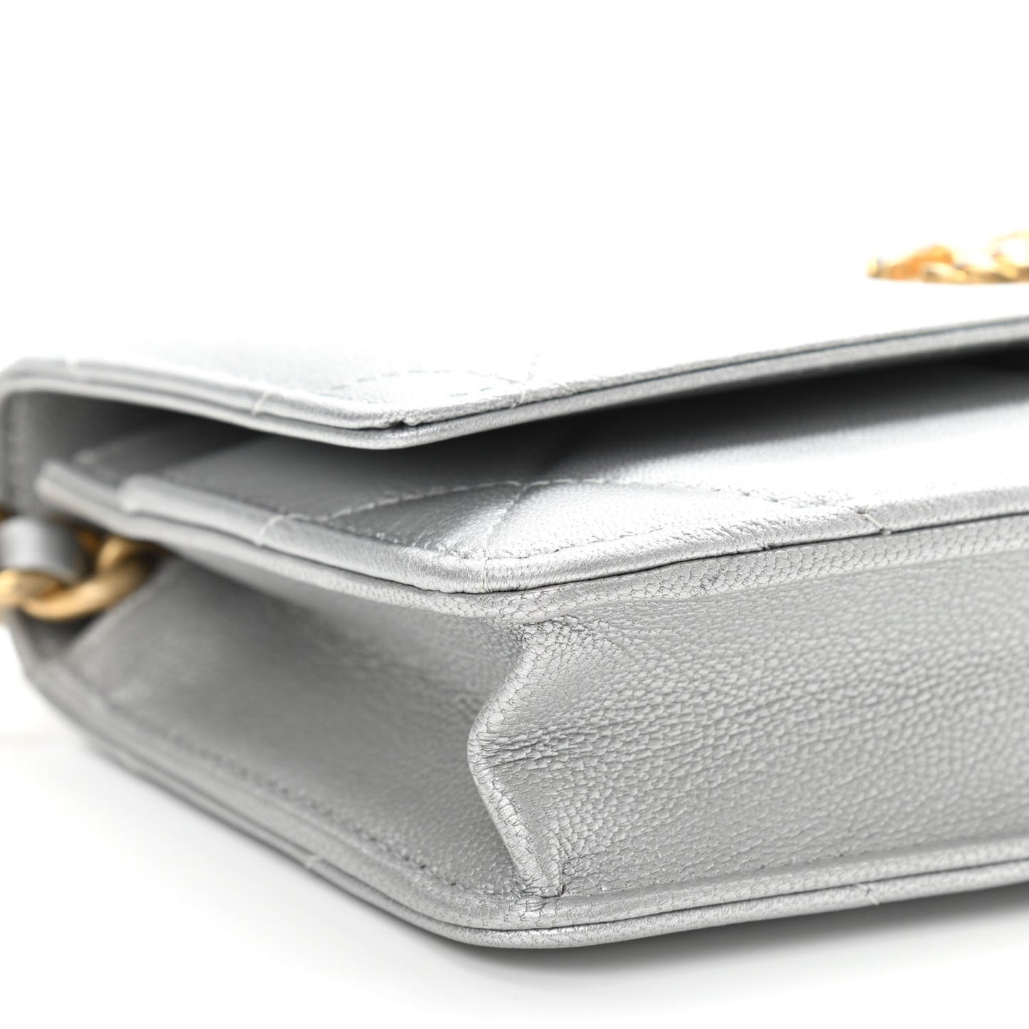 Metallic Lambskin Quilted Chanel 19 Wallet On Chain WOC Silver