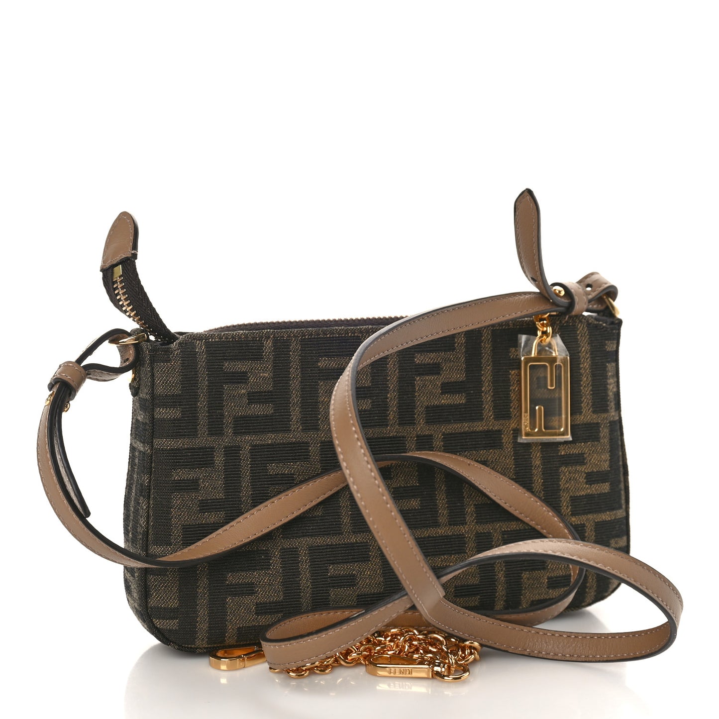 Fabric Jacquard Vitello Grace FF 1974 Baguette Pouch Tobacco Moro Sand