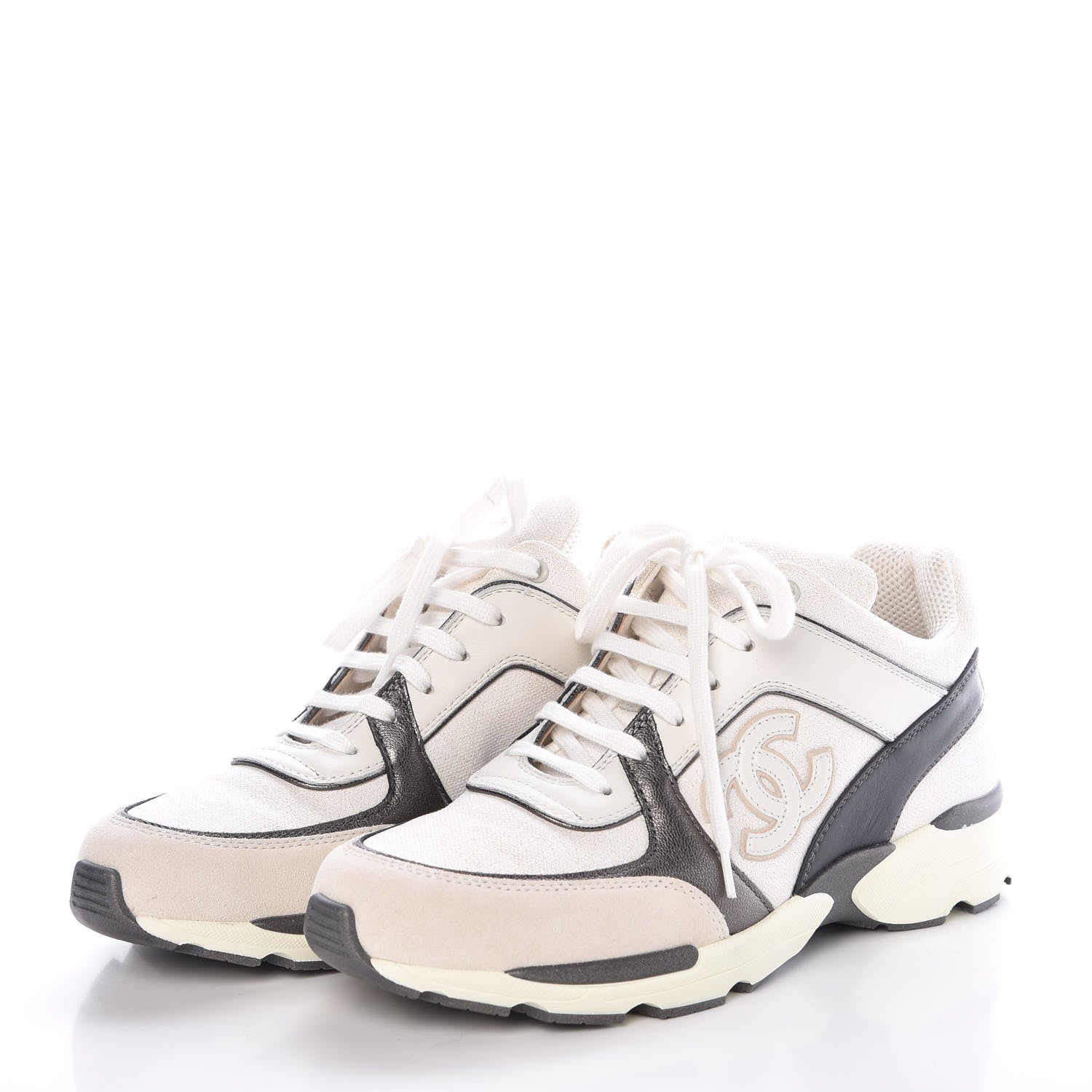 Chanel Suede Calfskin CC Sneakers 37 White Grey 3 of 9