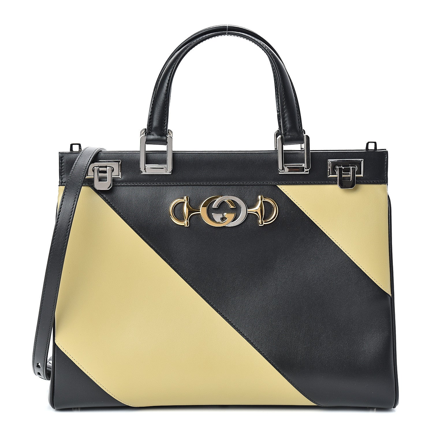 Gucci Smooth Calfskin Diagonal Striped Medium Zumi Top Handle Bag Black Beige 1 of 13