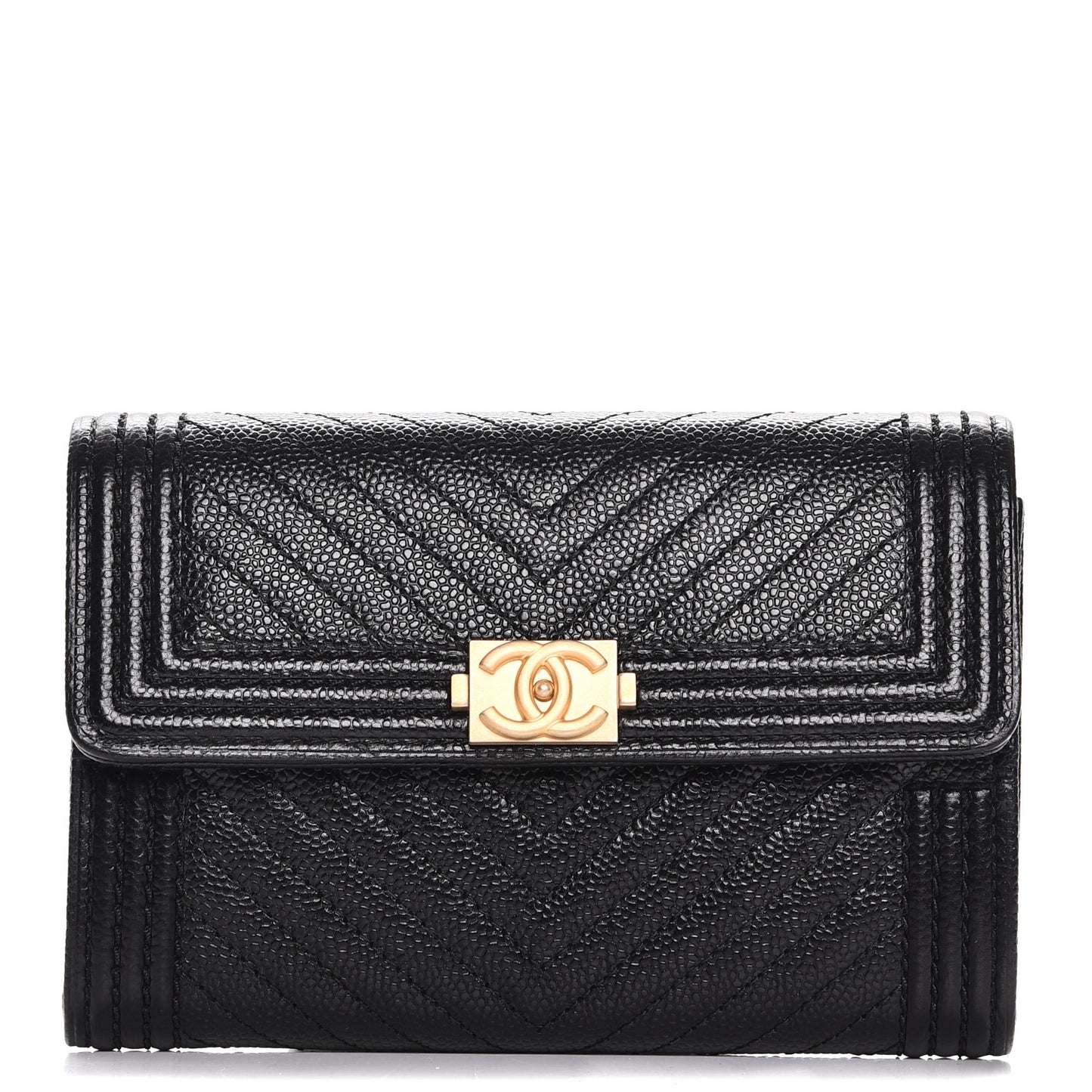Caviar Chevron Quilted Small Boy Flap Wallet Black