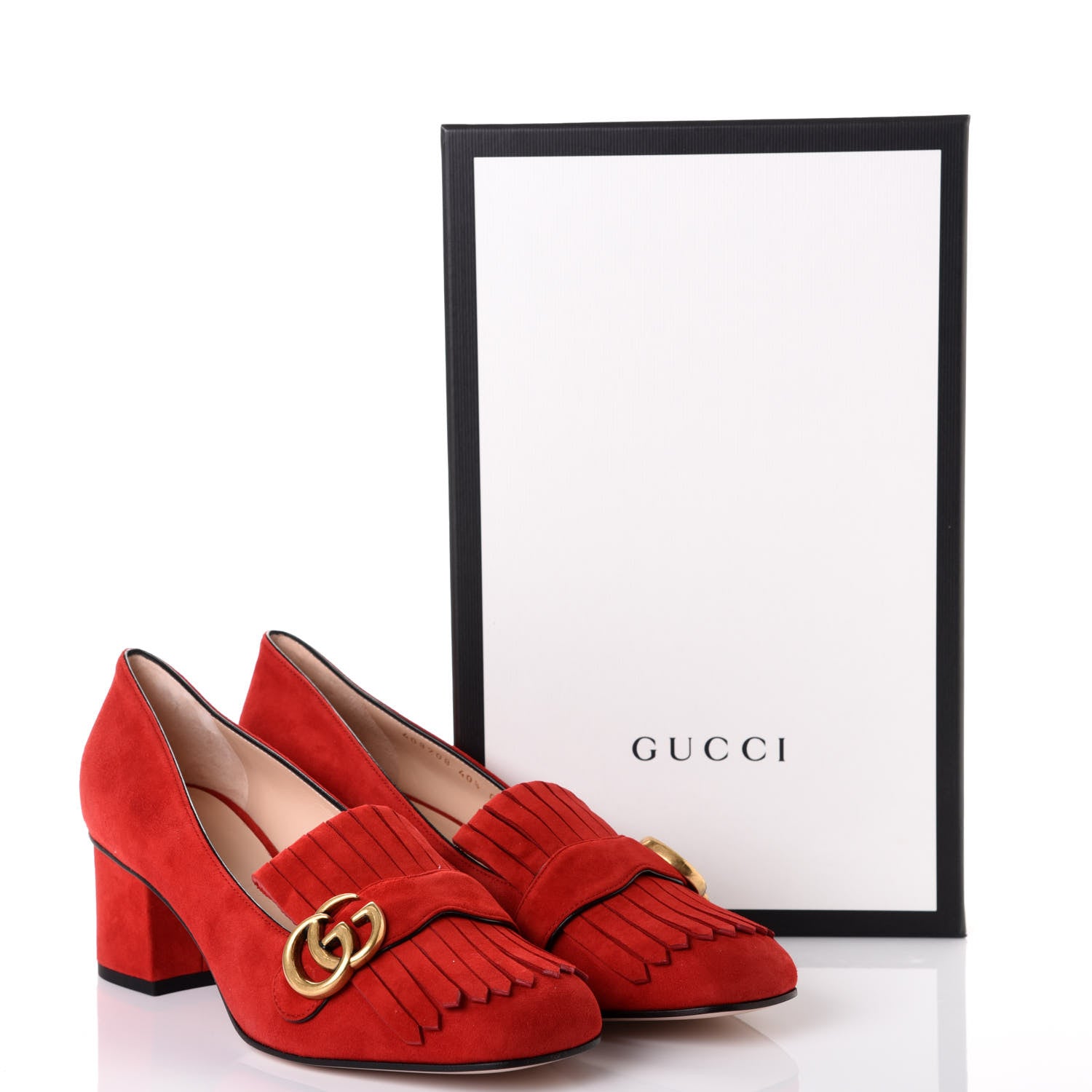 Gucci Kid Scamosciato GG Marmont Fringe 50mm Loafer Pumps 40.5 Vulcanic Red 10 of 10