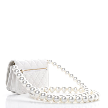 Chanel Calfskin Quilted Mini Maxi Pearls Wallet On Chain WOC White 3 of 14