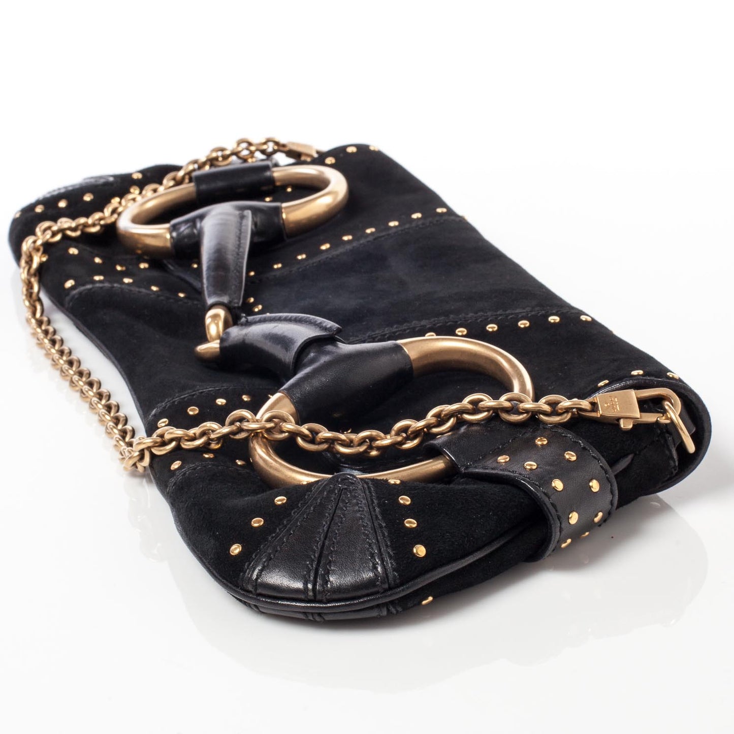 Suede Studded Horsebit Clutch Bag Black