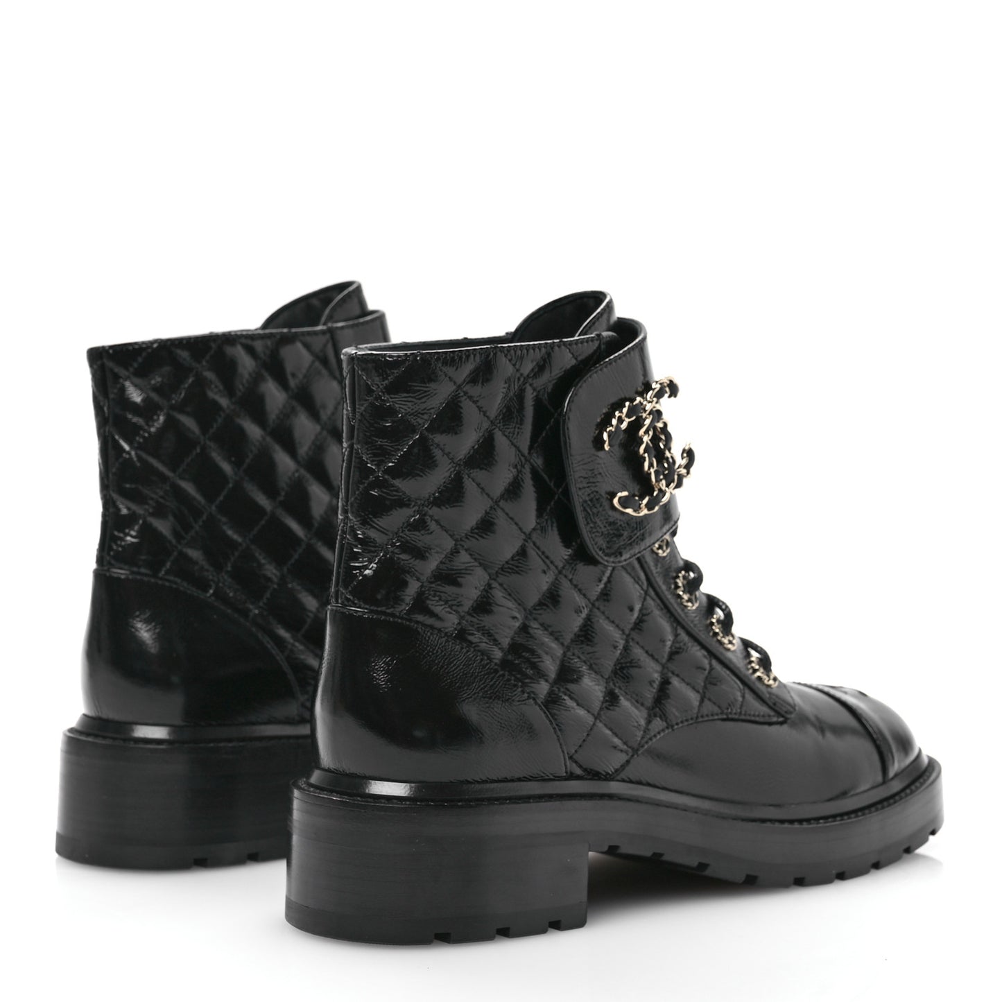 Shiny Goatskin Calfskin Quilted Lace Up Combat Boots 40 Black