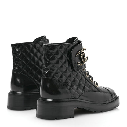 Chanel Shiny Goatskin Calfskin Quilted Lace Up Combat Boots 40 Black 4 of 8