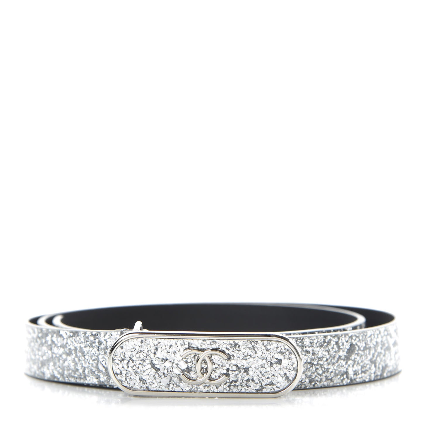 Glitter Calfskin CC Logo Skinny Belt 75 30 Silver