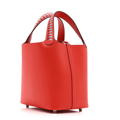 Hermes Epsom Tressage De Cuir Picotin Lock 18 PM Capucine Celeste Rouge H 3 of 11