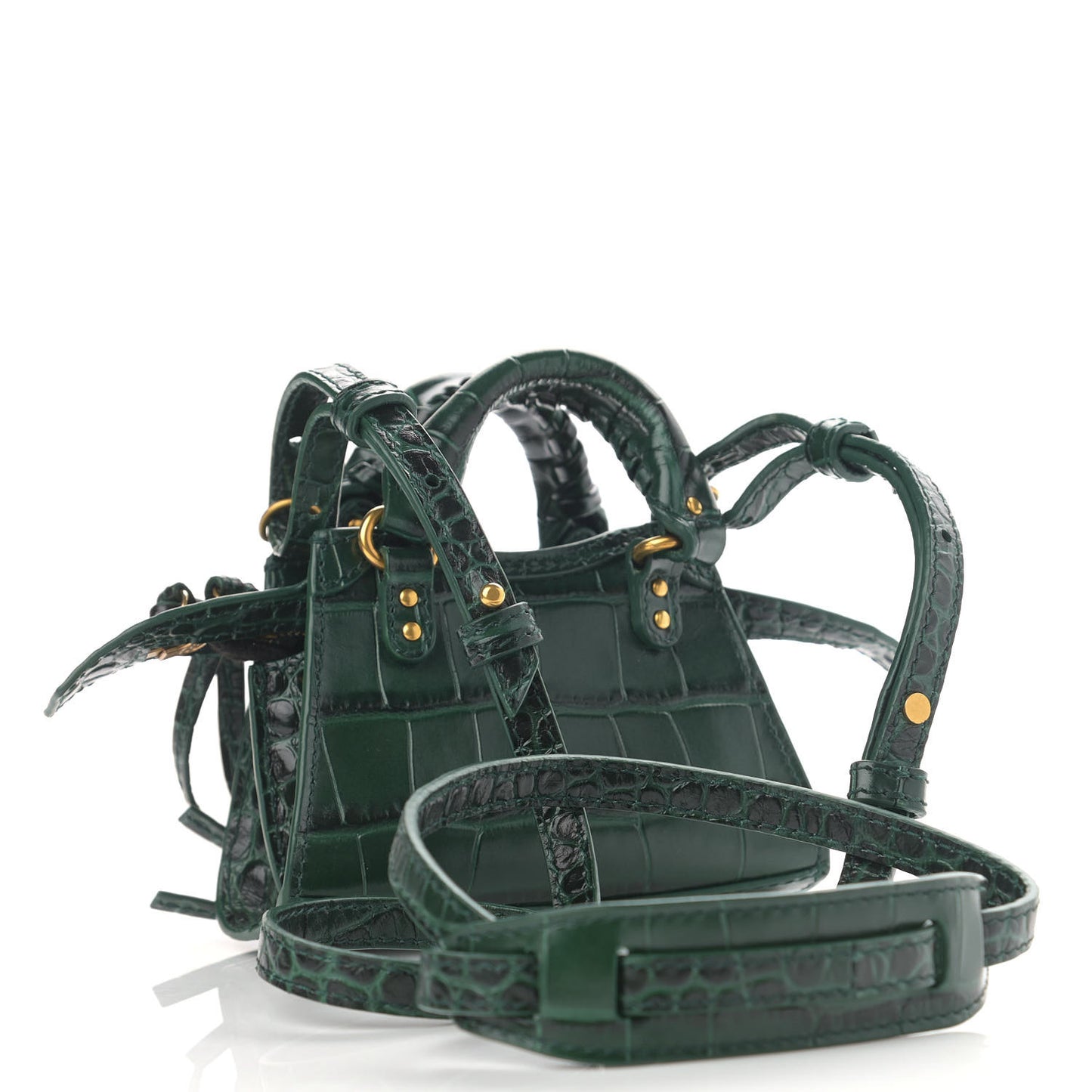 Shiny Supple Calfskin Crocodile Embossed Neo Classic Gold Hardware Super Nano City Crossbody Forest Green
