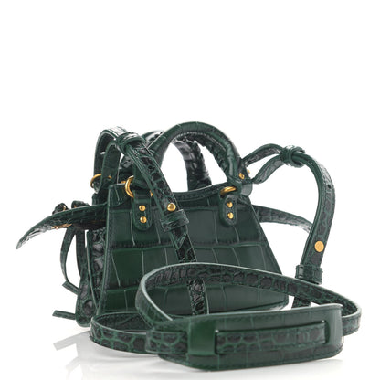 Balenciaga Shiny Supple Calfskin Crocodile Embossed Neo Classic Gold Hardware Super Nano City Crossbody Forest Green 3 of 11