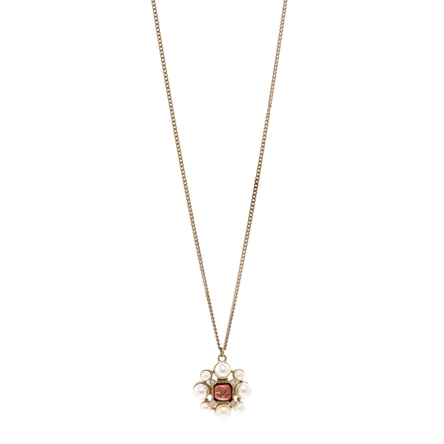 Gripoix Pearl Crystal CC Pendant Necklace Red Gold