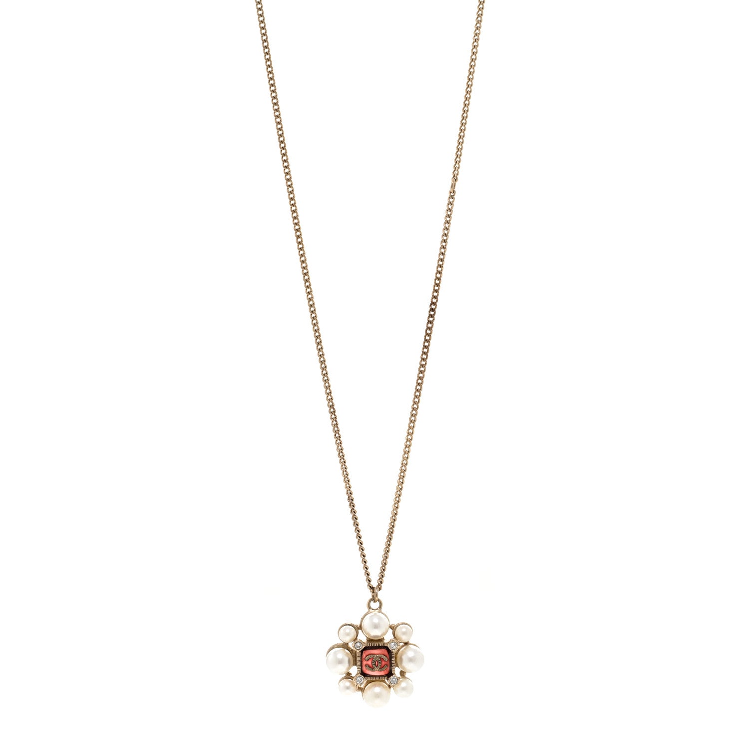 Chanel Gripoix Pearl Crystal CC Pendant Necklace Red Gold 1 of 6