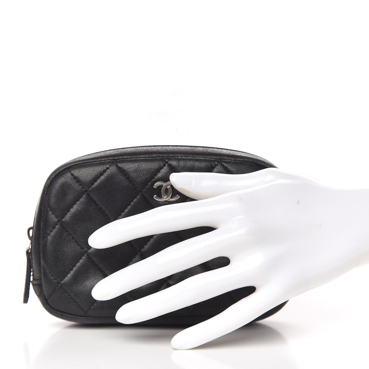 Lambskin Quilted Small Curvy Pouch Cosmetic Case Black