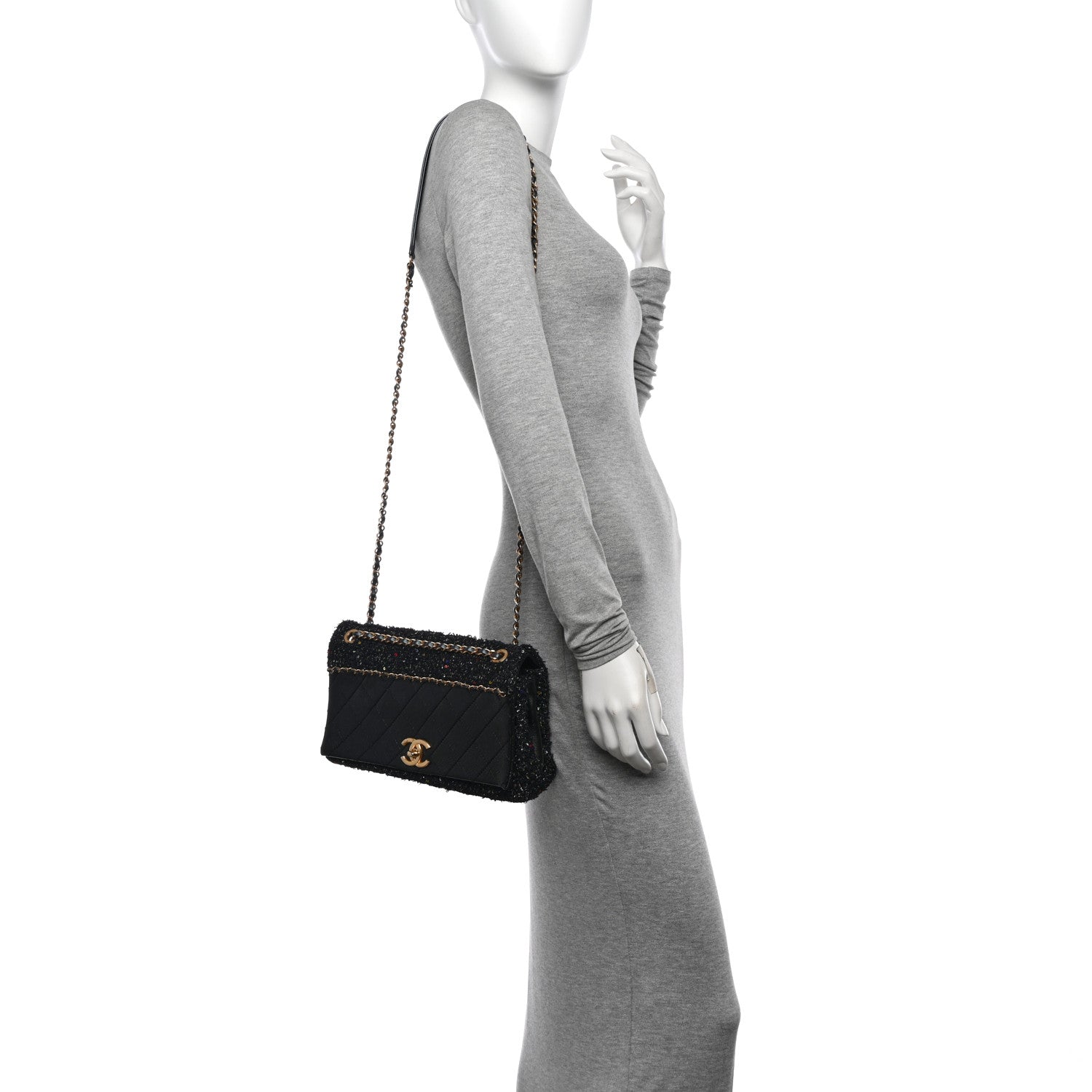 Chanel Lambskin Quilted Tweed Sequin Medium Chain Flap Bag Black Multicolor 2 of 15