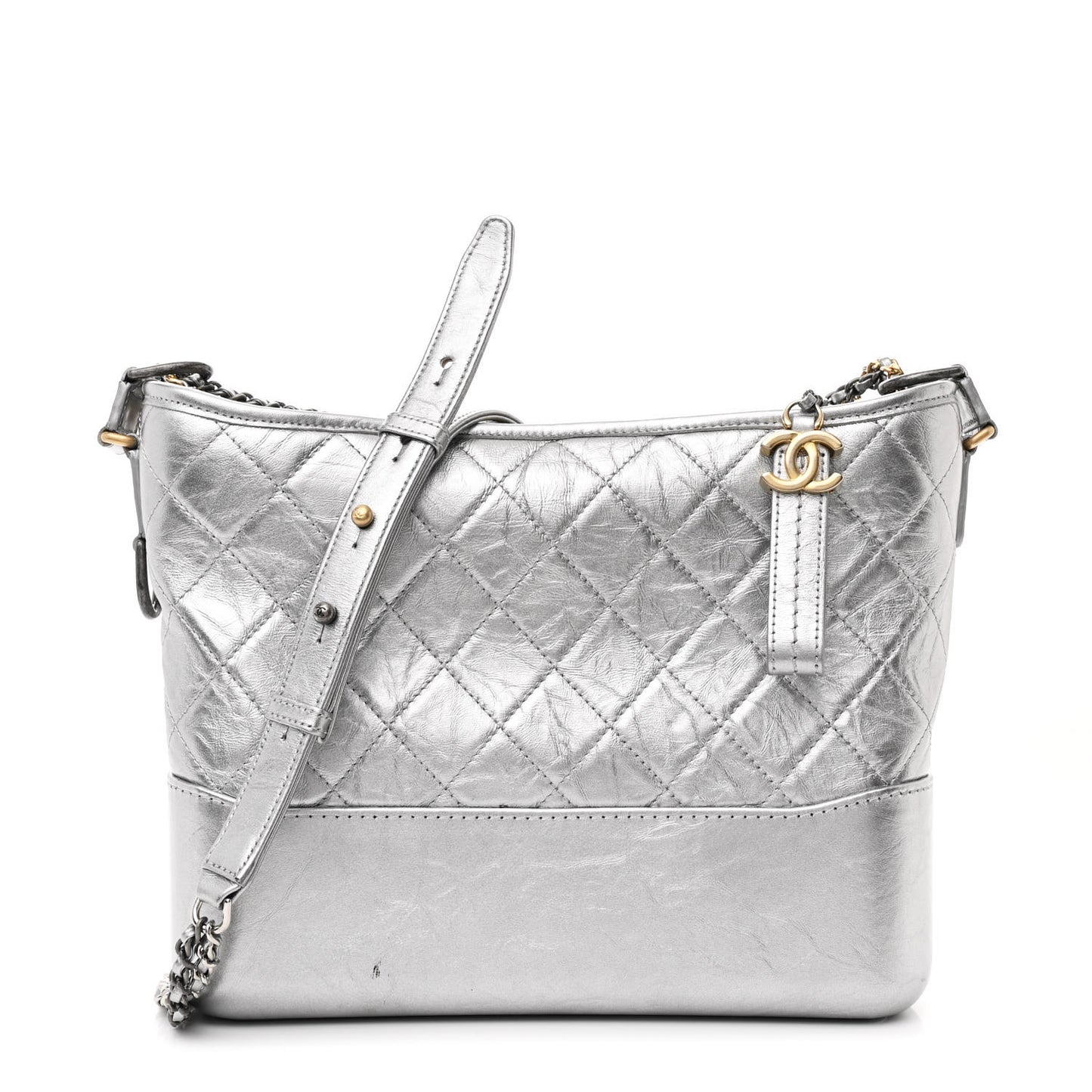 Metallic Aged Calfskin Quilted Medium Gabrielle Hobo Silver