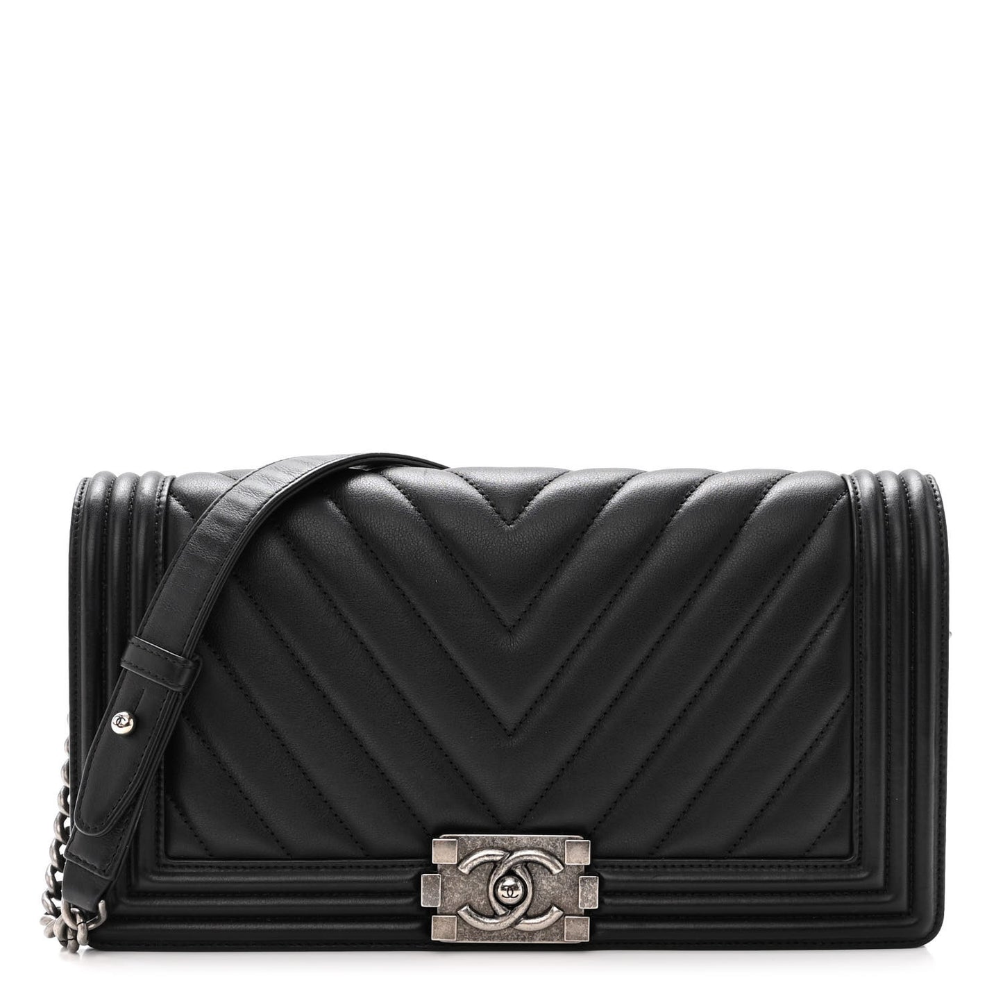 Calfskin Chevron Quilted Boy Convertible Clutch Flap Black