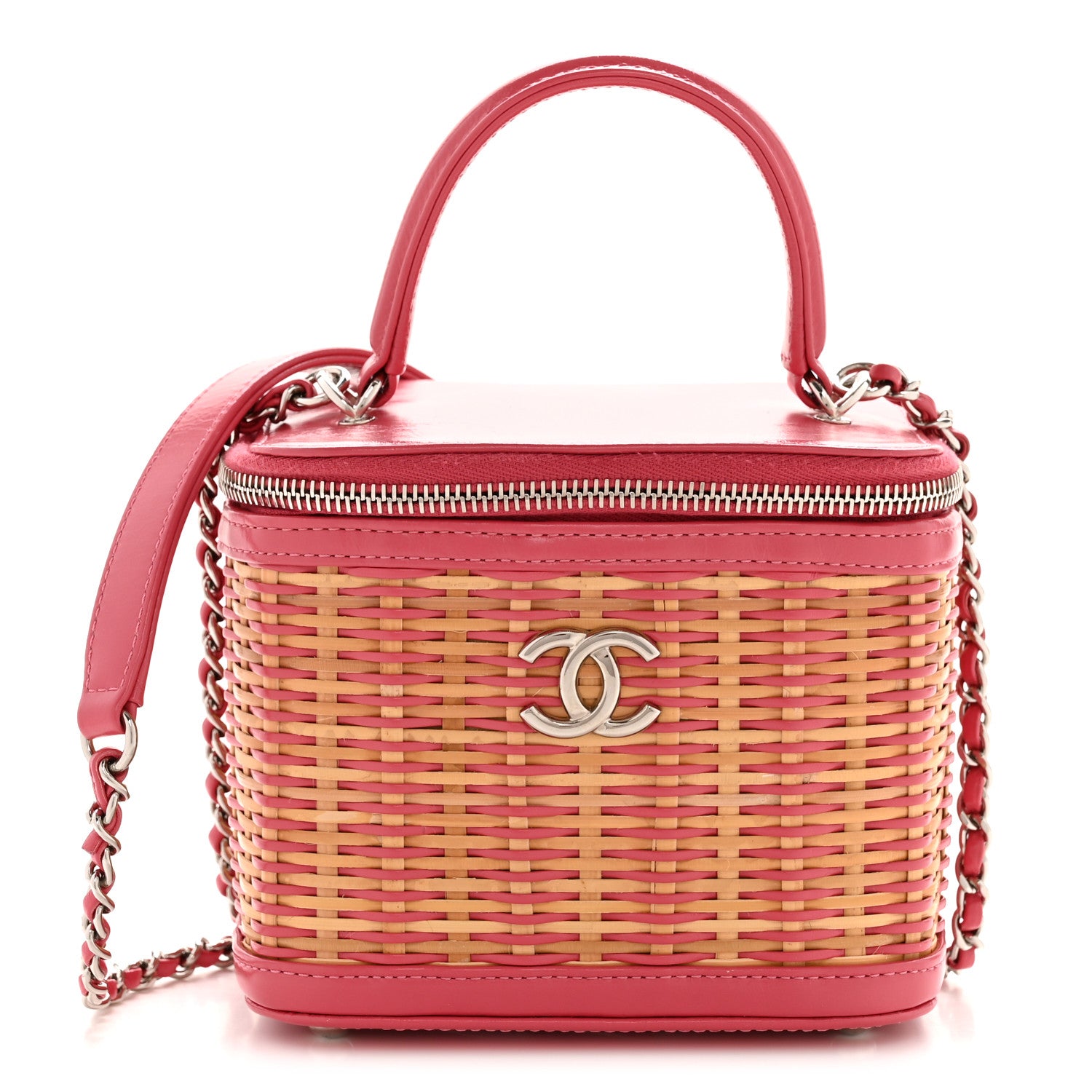 Chanel Calfskin Raffia Small Take Away Vanity Case Bag Pink Beige