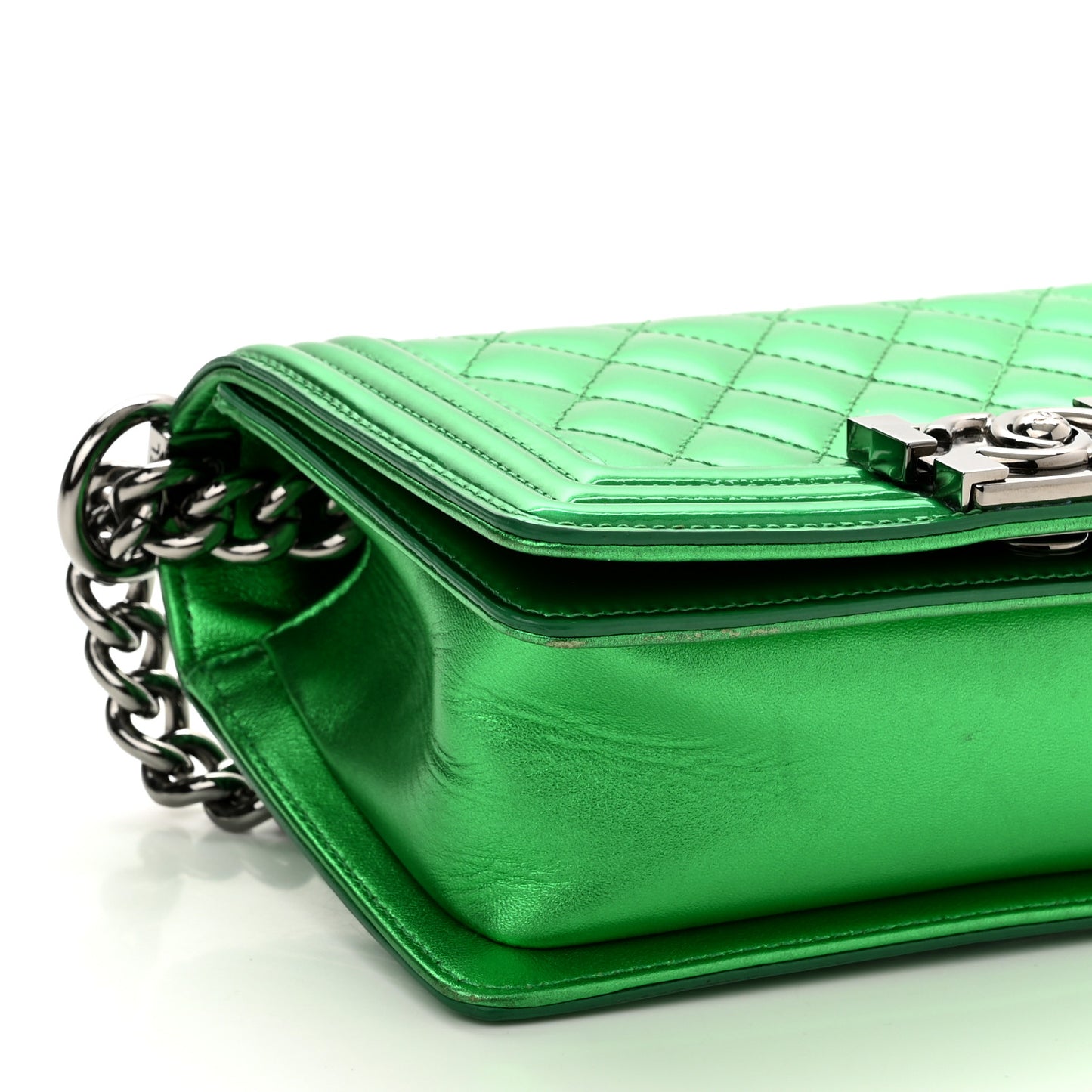 Metallic Patent Calfskin Quilted Small Boy Flap Green