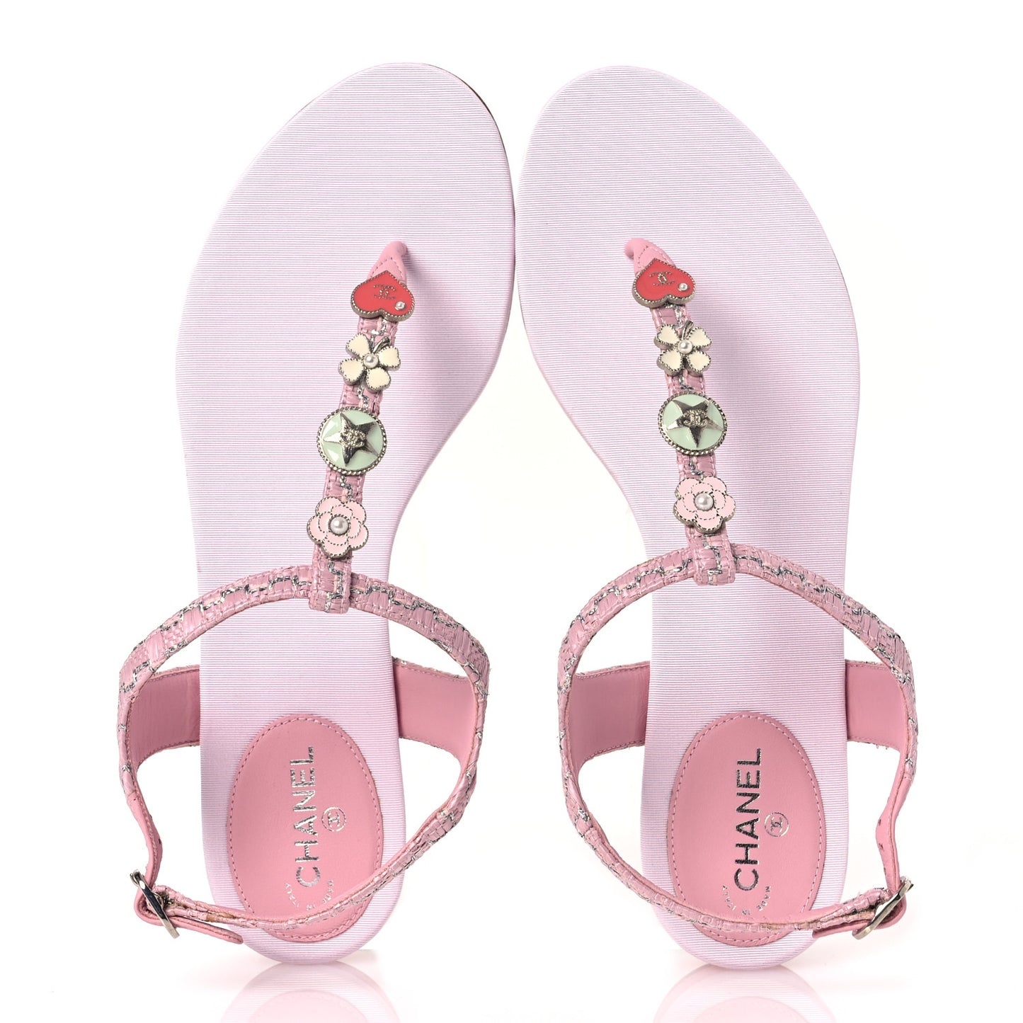 Tweed CC Charm Thong Sandals 39 Pink Silver