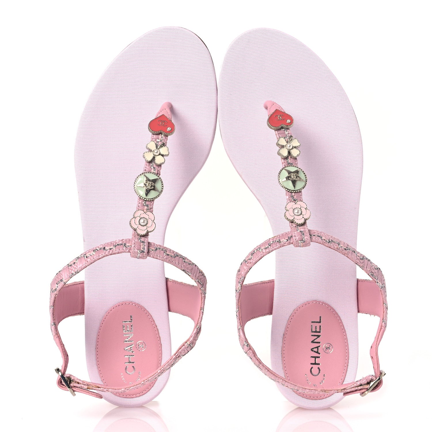 Chanel Tweed CC Charm Thong Sandals 39 Pink Silver 2 of 11