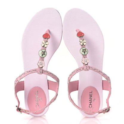 Chanel Tweed CC Charm Thong Sandals 39 Pink Silver 2 of 11