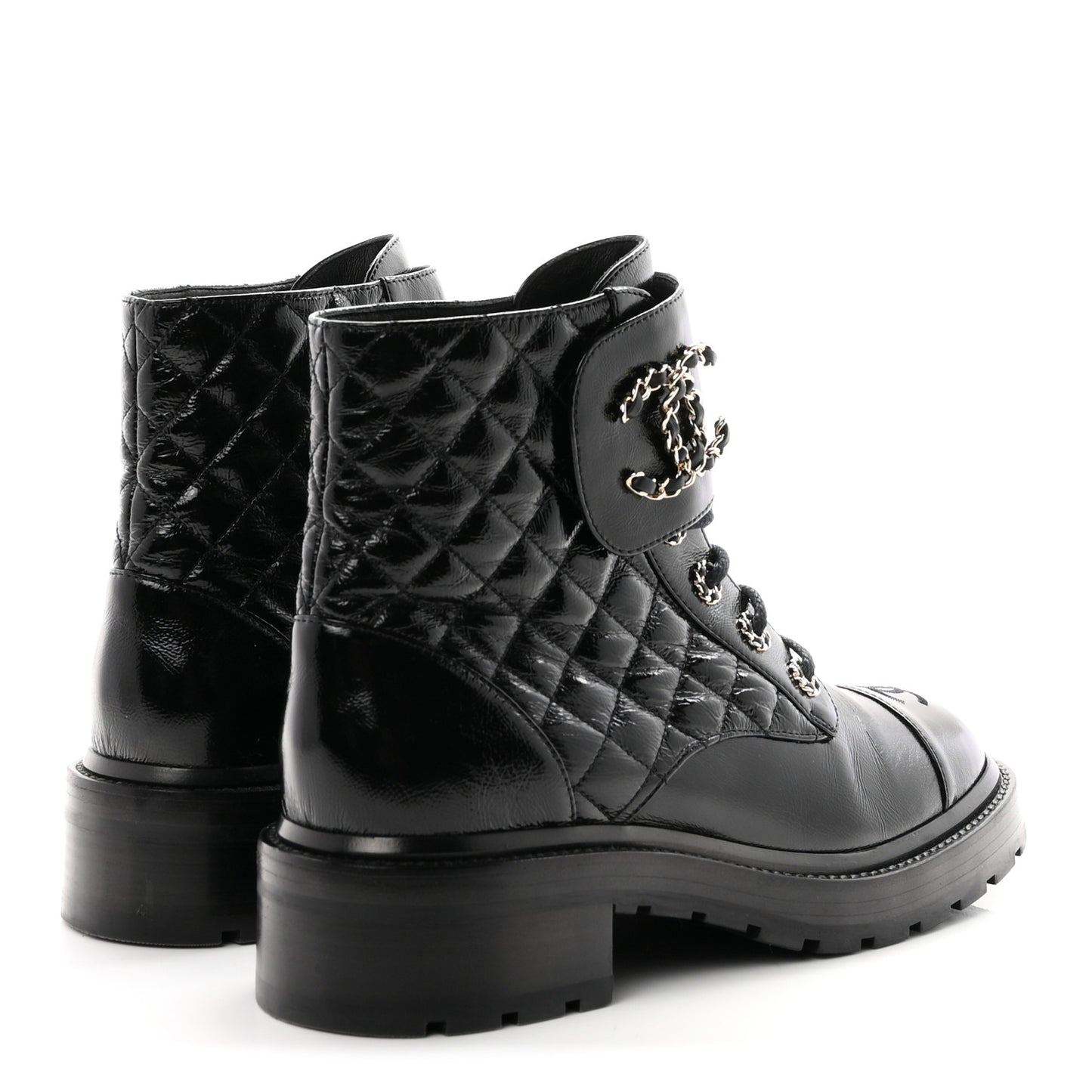 Shiny Calfskin Quilted Lace Up Combat Boots 40.5 Black