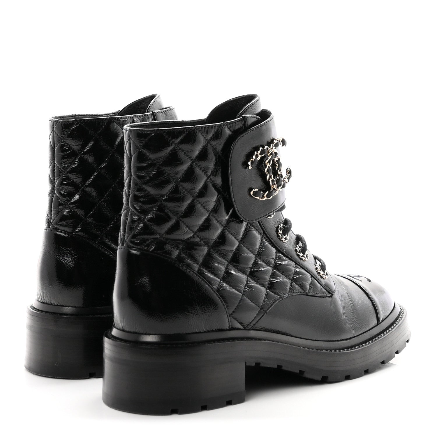 Chanel Shiny Calfskin Quilted Lace Up Combat Boots 40.5 Black 5 of 11