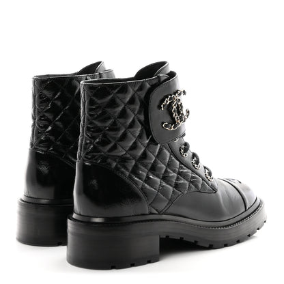 Chanel Shiny Calfskin Quilted Lace Up Combat Boots 40.5 Black 5 of 11
