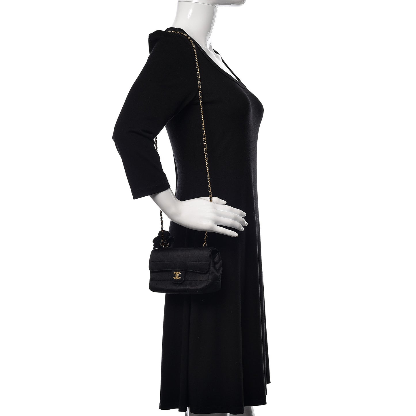 Satin Chocolate Bar Quilted Camellia Rectangular Mini Flap Black
