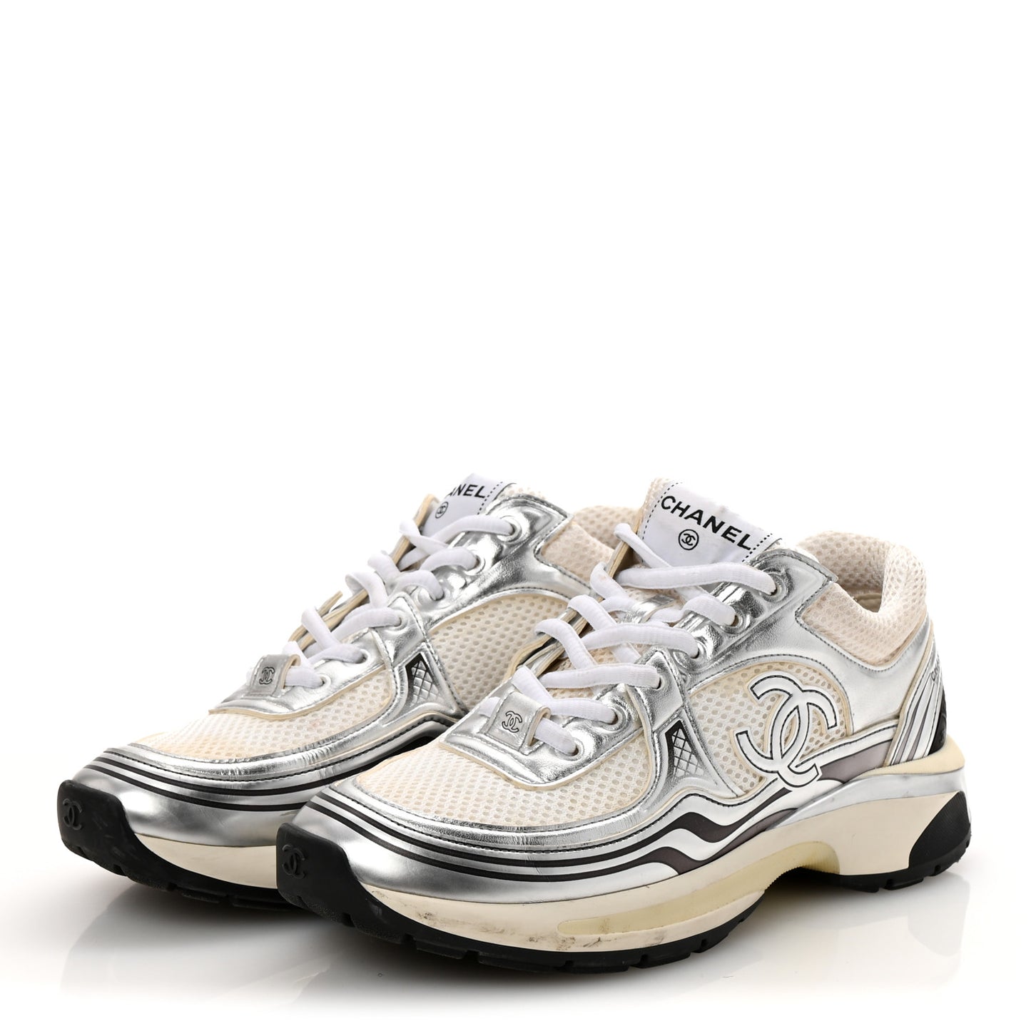 Fabric Laminated Calfskin Stretch CC Sneakers 37 White Silver