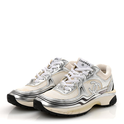 Chanel Fabric Laminated Calfskin Stretch CC Sneakers 37 White Silver 4 of 10