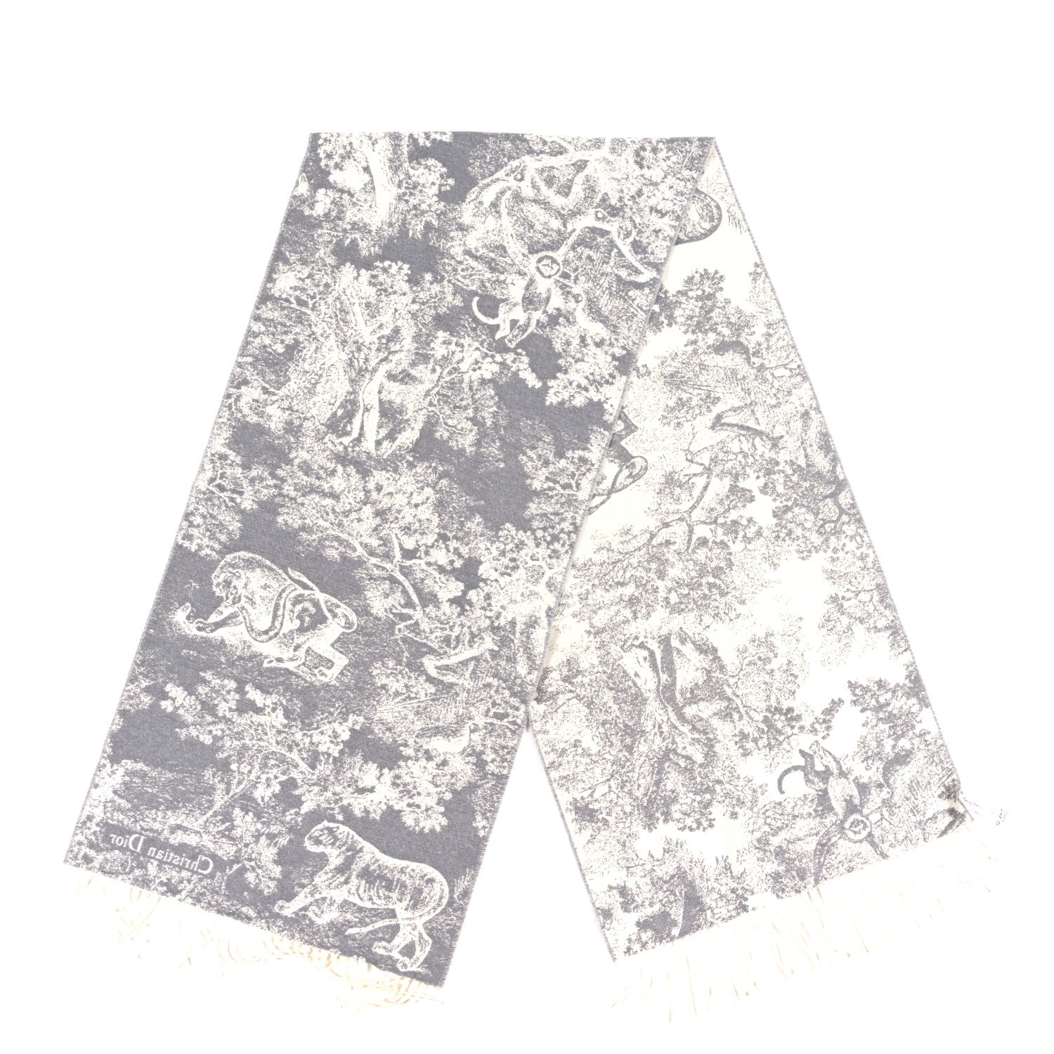 Christian Dior Cashmere Wool Toile De Jouy Sauvage Fringed Scarf