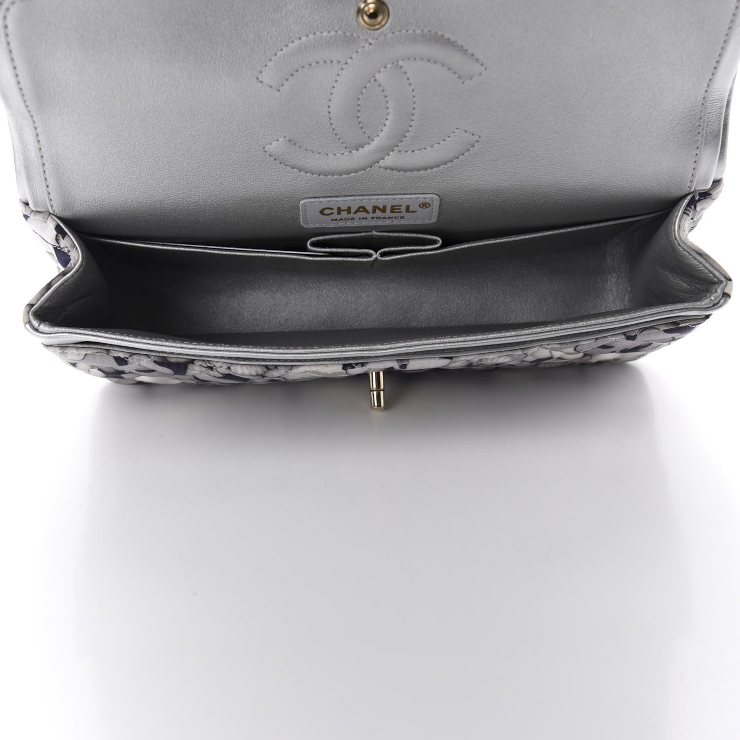 Nylon Quilted Medium Cat Emoticon Double Flap Navy Grey Ecru