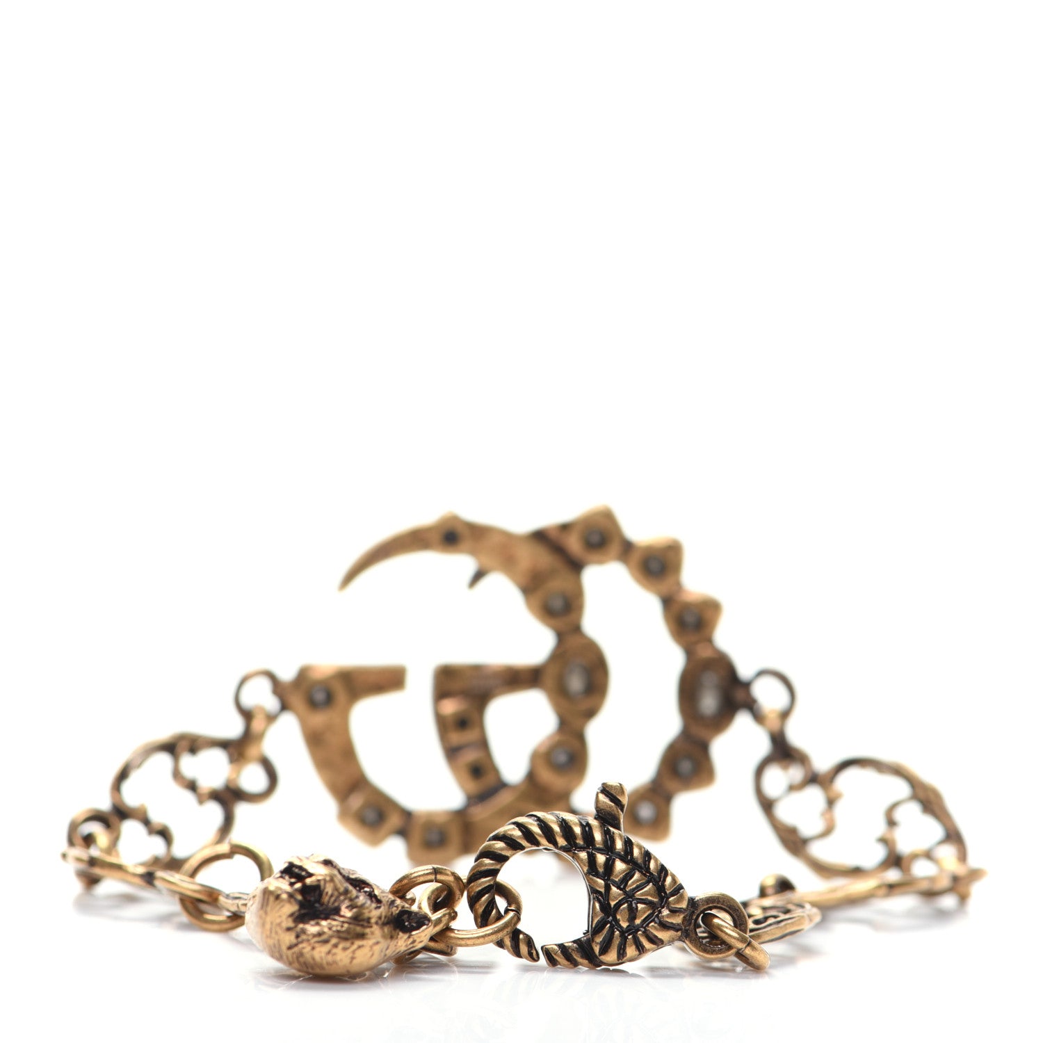 Gucci Oxidized Metal Crystal Double G Bracelet Aged Gold Multicolor 3 of 6