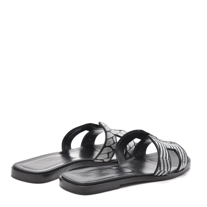 Hermes Calfskin Embroidered Oran Sandals 38 Black Gris Argente 4 of 7