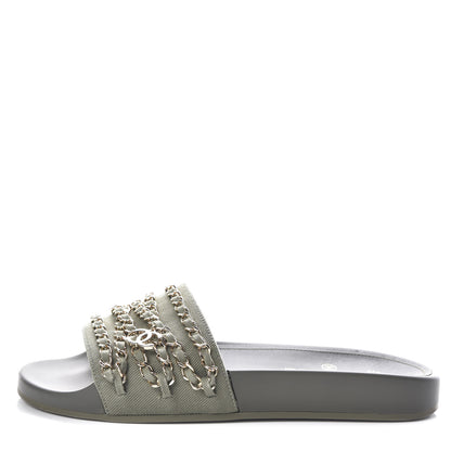 Chanel Canvas Chain Flat Sandals 39 Khaki 1 of 9
