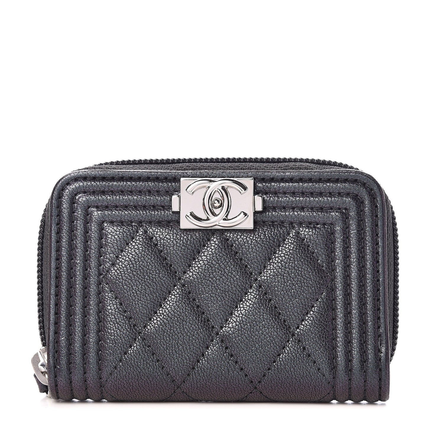 Iridescent Goatskin Quilted Boy Zip Around Coin Purse Wallet Black