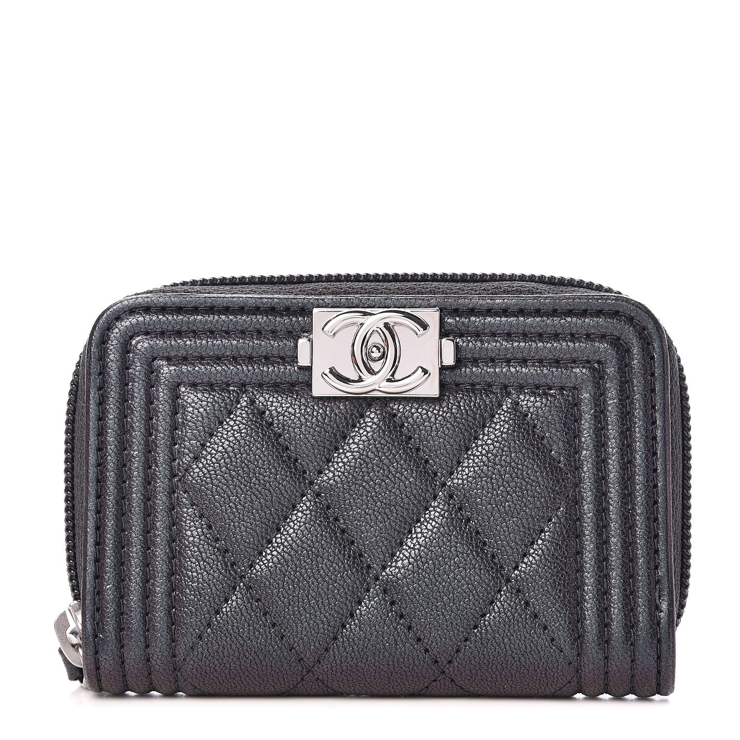 Chanel Iridescent Goatskin Quilted Boy Zip Around Coin Purse Wallet Black 1 of 8