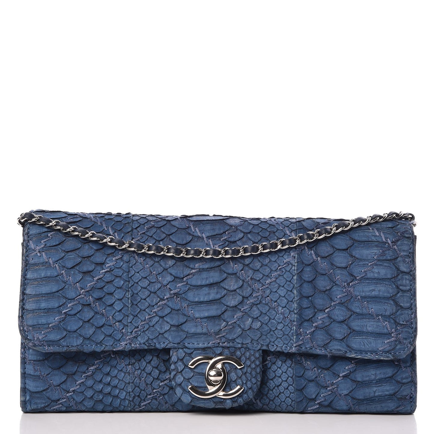 Matte Snakeskin Ultimate Stitch Flap Clutch With Chain Blue
