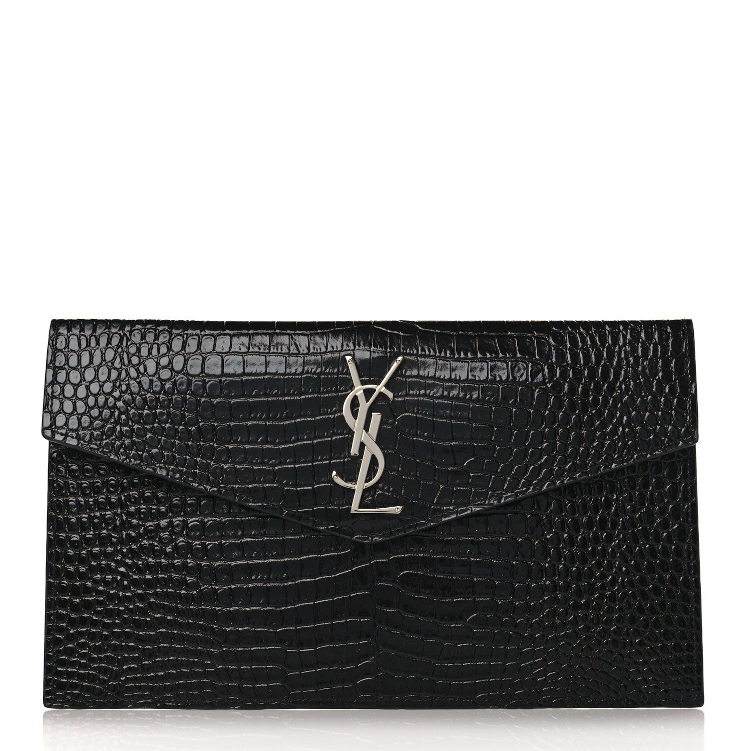 Saint Laurent Calfskin Crocodile Embossed Uptown Monogram Clutch Black 1 of 9