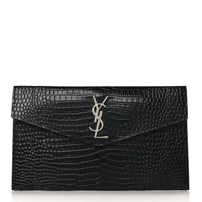 Saint Laurent Calfskin Crocodile Embossed Uptown Monogram Clutch Black 1 of 9