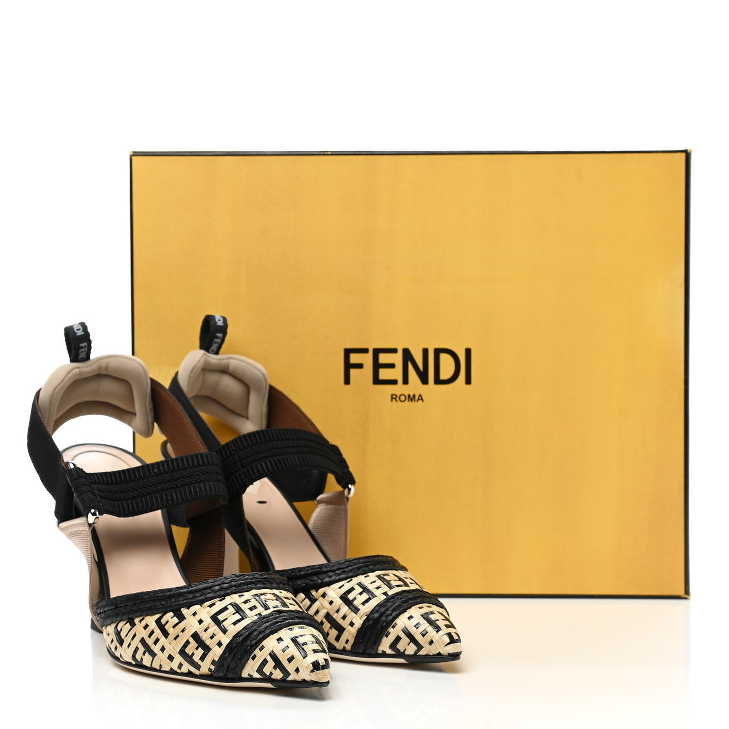 Raffia Grosgrain FF Intreccio Colibri 85mm Slingback Pumps 35 Naturale Black