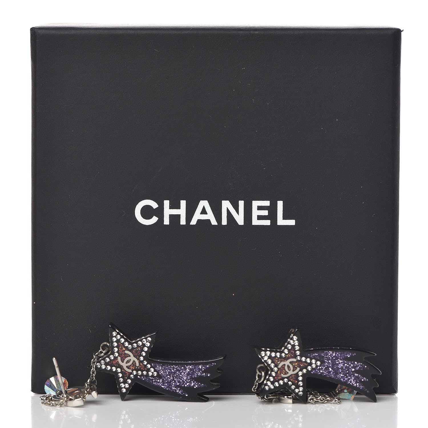 Chanel Resin Crystal CC Shooting Star Dangle Earrings Silver Purple 5 of 5