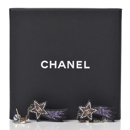 Chanel Resin Crystal CC Shooting Star Dangle Earrings Silver Purple 5 of 5