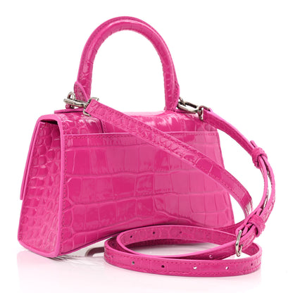 Balenciaga Shiny Calfskin Crocodile Embossed Hourglass Top Handle Bag XS Lipstick Pink 3 of 11