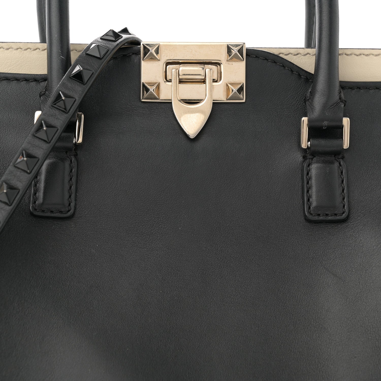 Valentino Garavani Vitello Bi-Color Small Rockstud Double Handle Tote Ivory Black 7 of 15