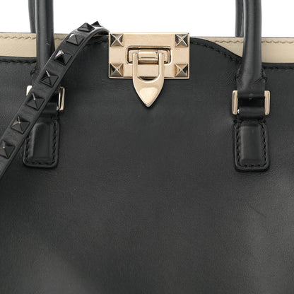 Valentino Garavani Vitello Bi-Color Small Rockstud Double Handle Tote Ivory Black 7 of 15