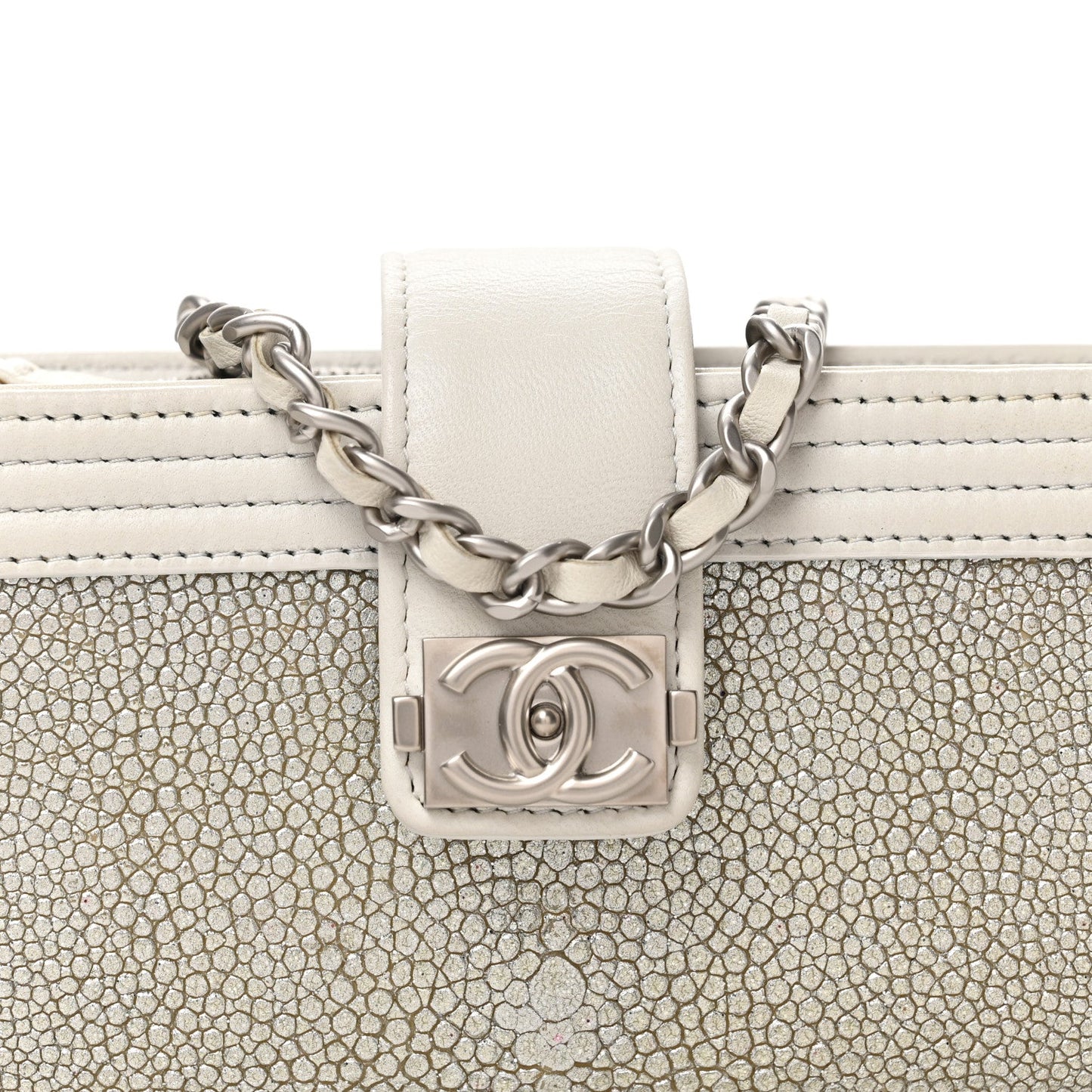 Metallic Galuchat Stingray Lambskin Mini Clutch With Removable Chain Silver